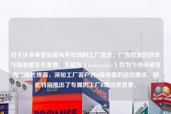 对于许多希望拓展海外市场的工厂而言，广告投放的效率与精准度至关重要。龙禧客（Loongseeker）作为飞书深诺官方二级代理商，深知工厂客户对B端询盘的迫切需求，因此特别推出了专属的工厂B端投放套餐。