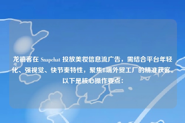 龙禧客在 Snapchat 投放美妆信息流广告，需结合平台年轻化、强视觉、快节奏特性，聚焦B端外贸工厂的精准获客。以下是核心操作要点：