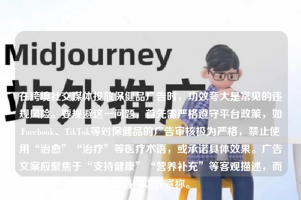 在跨境社交媒体投放保健品广告时，功效夸大是常见的违规风险。要规避这一问题，首先需严格遵守平台政策，如Facebook、TikTok等对保健品的广告审核极为严格，禁止使用“治愈”“治疗”等医疗术语，或承诺具体效果。广告文案应聚焦于“支持健康”“营养补充”等客观描述，而非直接功效宣称。