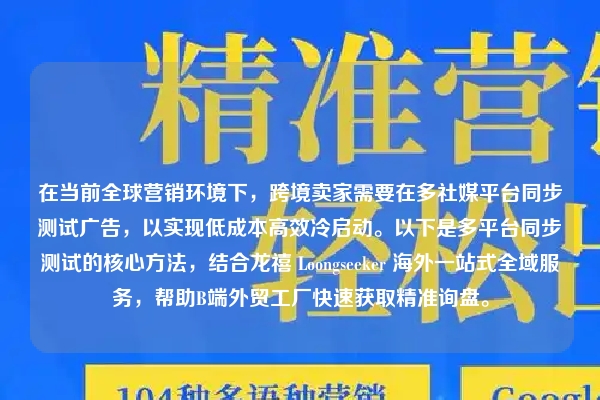 在当前全球营销环境下，跨境卖家需要在多社媒平台同步测试广告，以实现低成本高效冷启动。以下是多平台同步测试的核心方法，结合龙禧 Loongseeker 海外一站式全域服务，帮助B端外贸工厂快速获取精准询盘。