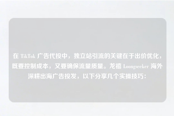 在 TikTok 广告代投中，独立站引流的关键在于出价优化，既要控制成本，又要确保流量质量。龙禧 Loongseeker 海外深耕出海广告投发，以下分享几个实操技巧：