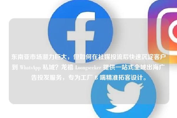 东南亚市场潜力巨大，但如何在社媒投流后快速沉淀客户到 WhatsApp 私域？龙禧 Loongseeker 提供一站式全域出海广告投发服务，专为工厂 B 端精准拓客设计。
