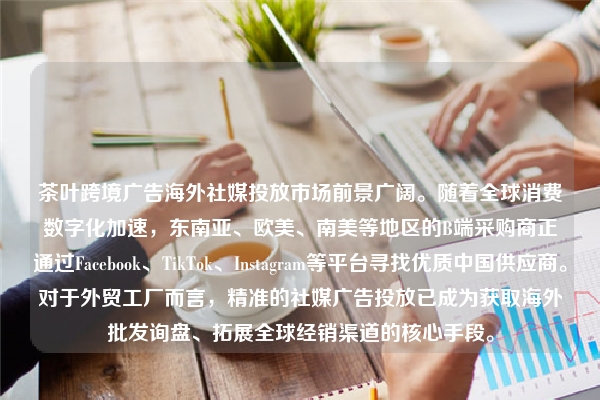 茶叶跨境广告海外社媒投放市场前景广阔。随着全球消费数字化加速，东南亚、欧美、南美等地区的B端采购商正通过Facebook、TikTok、Instagram等平台寻找优质中国供应商。对于外贸工厂而言，精准的社媒广告投放已成为获取海外批发询盘、拓展全球经销渠道的核心手段。